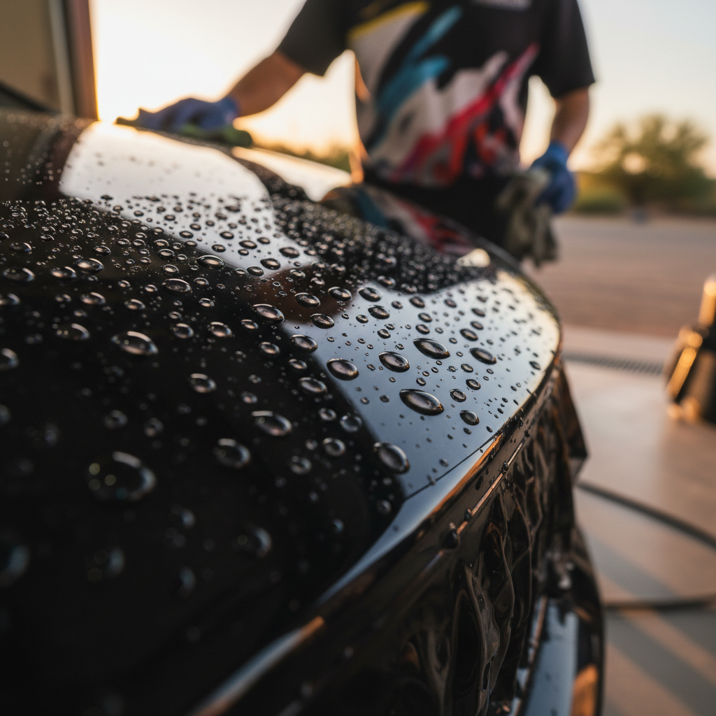 Hydrophobic water beading on a car surface protected by 3M Ceramic Coating