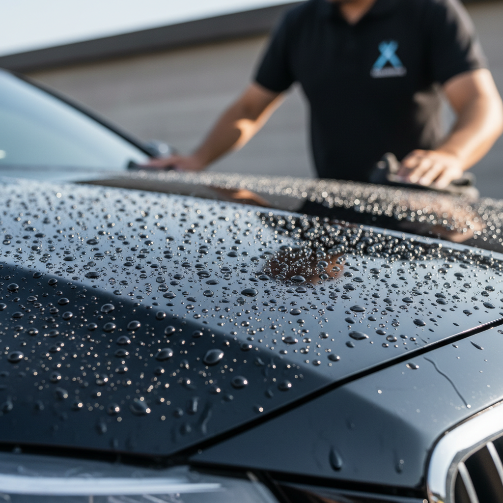 Close up of 3M Ceramic Coating Phoenix beading water on a luxury car
