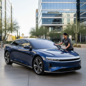Luxury Lucid Air with ceramic window tint Phoenix parked in Arizona sun