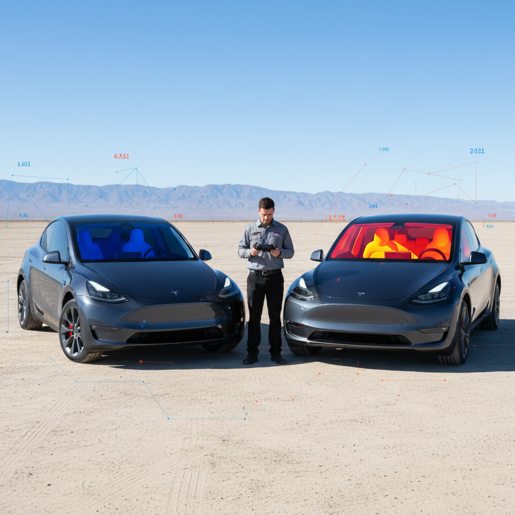 Tesla Ceramic Tint Thermal Performance FLIR thermal comparison of Tesla ceramic tint vs standard film in Phoenix heat