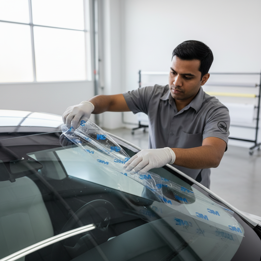 Professional Tesla Window Tint Installation Certified technician installing Tesla ceramic tint on a glass roof